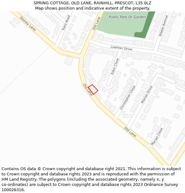 SPRING COTTAGE, OLD LANE, RAINHILL, PRESCOT, L35 0LZ: Location map and indicative extent of plot