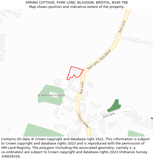 SPRING COTTAGE, PARK LANE, BLAGDON, BRISTOL, BS40 7SB: Location map and indicative extent of plot