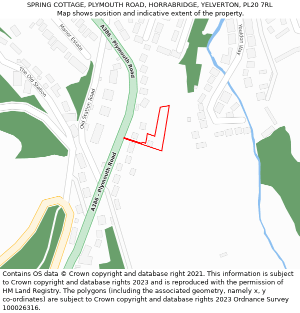 SPRING COTTAGE, PLYMOUTH ROAD, HORRABRIDGE, YELVERTON, PL20 7RL: Location map and indicative extent of plot