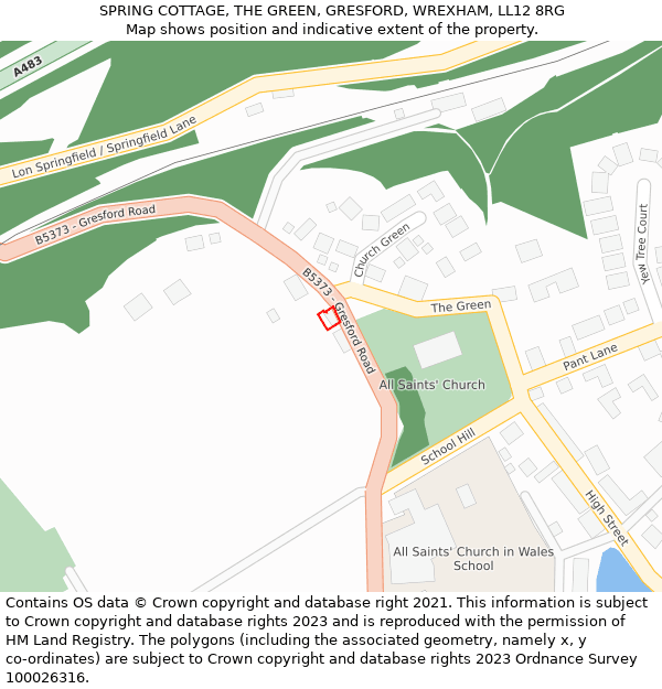 SPRING COTTAGE, THE GREEN, GRESFORD, WREXHAM, LL12 8RG: Location map and indicative extent of plot