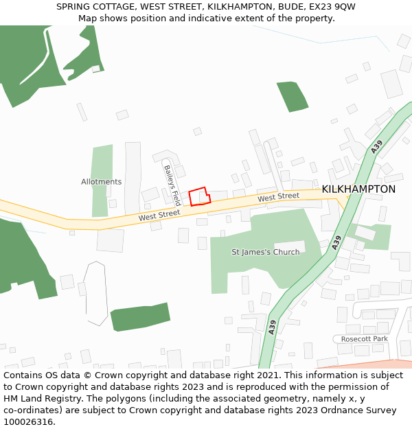 SPRING COTTAGE, WEST STREET, KILKHAMPTON, BUDE, EX23 9QW: Location map and indicative extent of plot