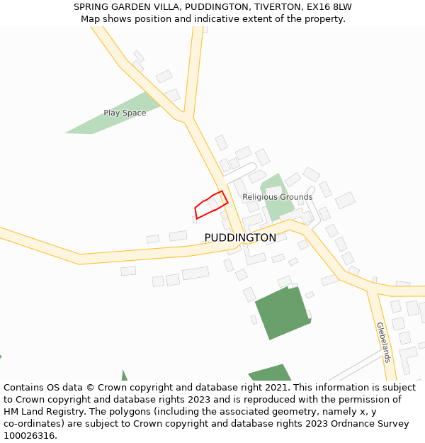 SPRING GARDEN VILLA, PUDDINGTON, TIVERTON, EX16 8LW: Location map and indicative extent of plot