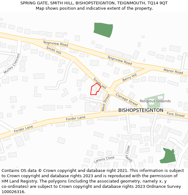 SPRING GATE, SMITH HILL, BISHOPSTEIGNTON, TEIGNMOUTH, TQ14 9QT: Location map and indicative extent of plot
