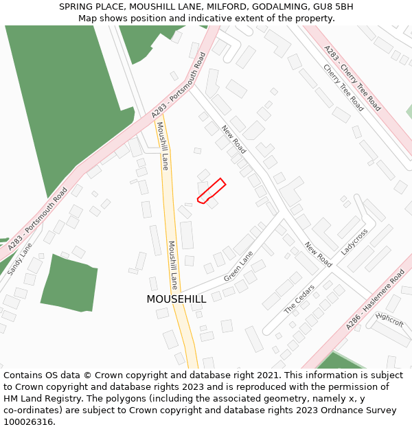 SPRING PLACE, MOUSHILL LANE, MILFORD, GODALMING, GU8 5BH: Location map and indicative extent of plot