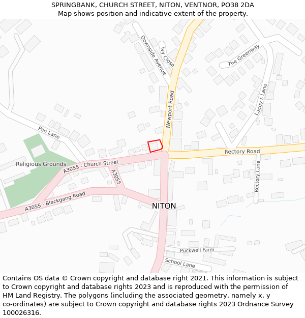 SPRINGBANK, CHURCH STREET, NITON, VENTNOR, PO38 2DA: Location map and indicative extent of plot