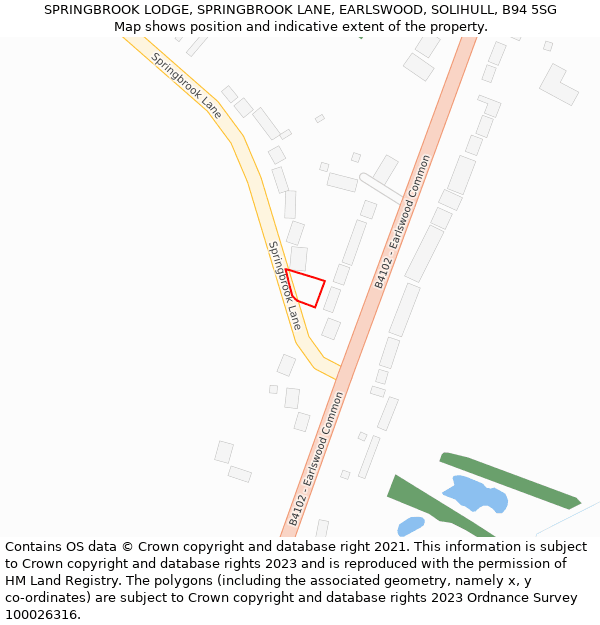 SPRINGBROOK LODGE, SPRINGBROOK LANE, EARLSWOOD, SOLIHULL, B94 5SG: Location map and indicative extent of plot