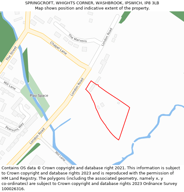 SPRINGCROFT, WHIGHTS CORNER, WASHBROOK, IPSWICH, IP8 3LB: Location map and indicative extent of plot