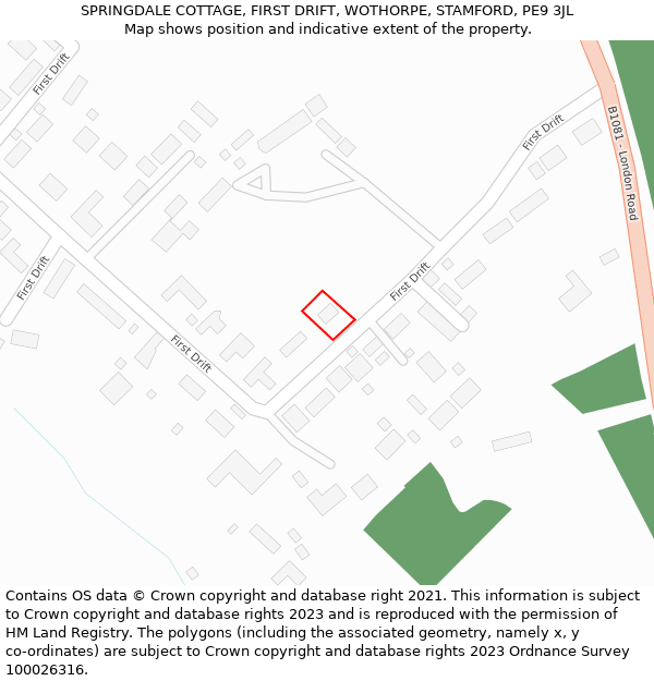 SPRINGDALE COTTAGE, FIRST DRIFT, WOTHORPE, STAMFORD, PE9 3JL: Location map and indicative extent of plot