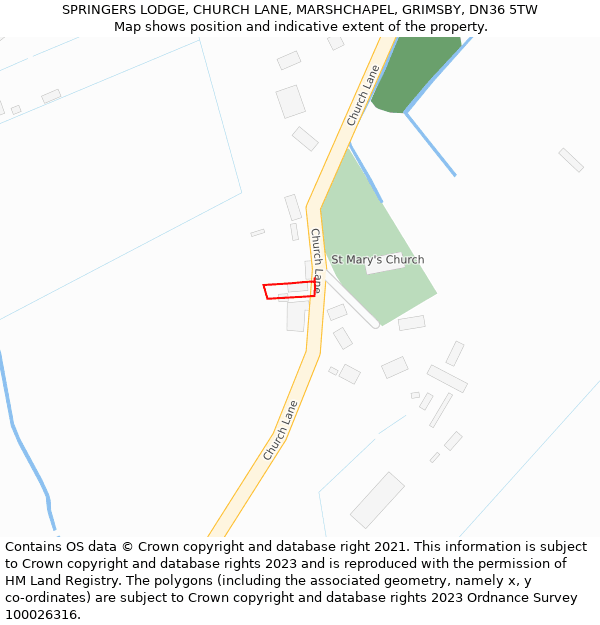 SPRINGERS LODGE, CHURCH LANE, MARSHCHAPEL, GRIMSBY, DN36 5TW: Location map and indicative extent of plot