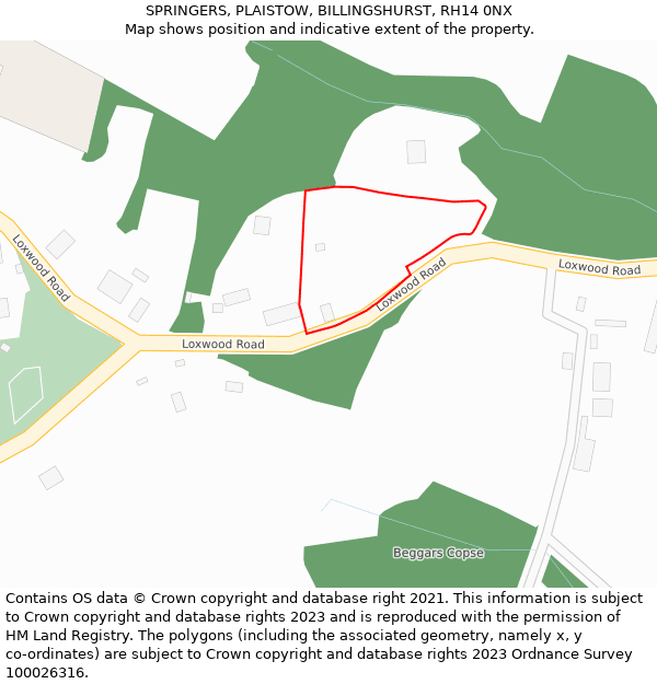 SPRINGERS, PLAISTOW, BILLINGSHURST, RH14 0NX: Location map and indicative extent of plot