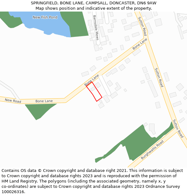 SPRINGFIELD, BONE LANE, CAMPSALL, DONCASTER, DN6 9AW: Location map and indicative extent of plot