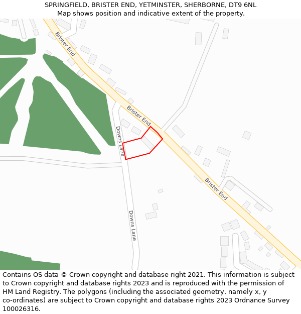 SPRINGFIELD, BRISTER END, YETMINSTER, SHERBORNE, DT9 6NL: Location map and indicative extent of plot