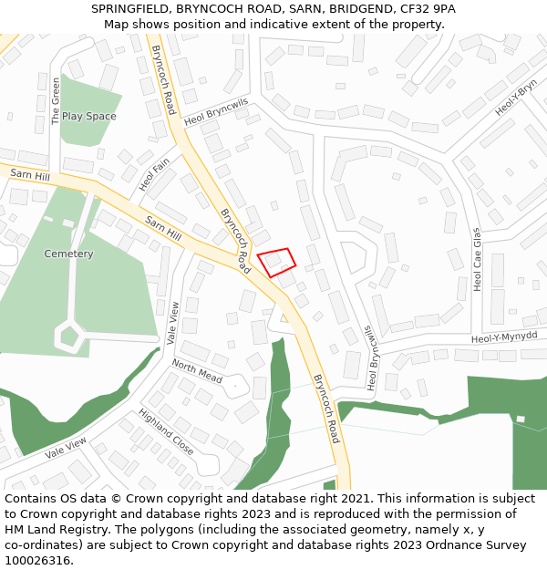 SPRINGFIELD, BRYNCOCH ROAD, SARN, BRIDGEND, CF32 9PA: Location map and indicative extent of plot