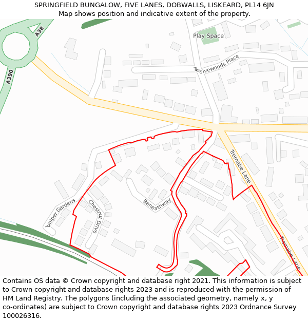 SPRINGFIELD BUNGALOW, FIVE LANES, DOBWALLS, LISKEARD, PL14 6JN: Location map and indicative extent of plot