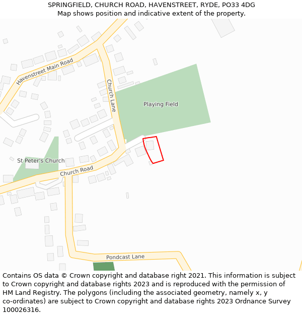 SPRINGFIELD, CHURCH ROAD, HAVENSTREET, RYDE, PO33 4DG: Location map and indicative extent of plot