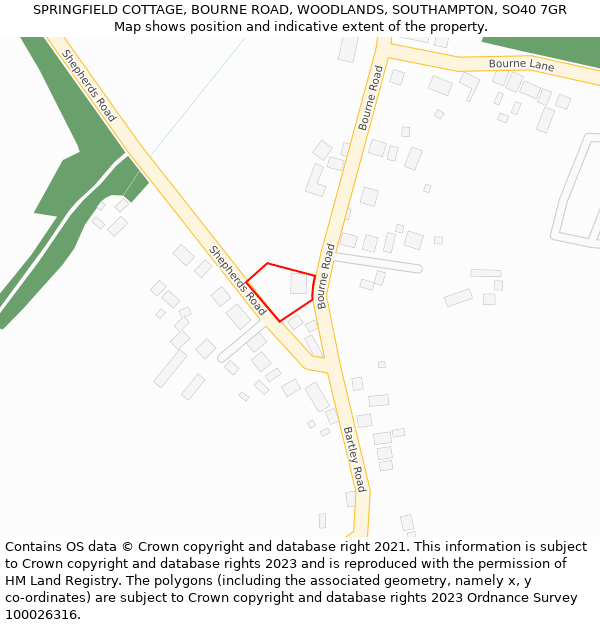 SPRINGFIELD COTTAGE, BOURNE ROAD, WOODLANDS, SOUTHAMPTON, SO40 7GR: Location map and indicative extent of plot