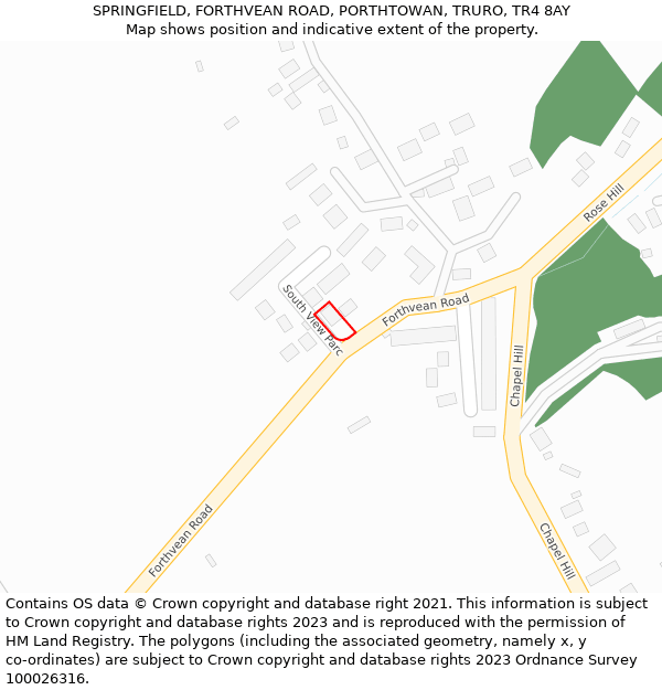SPRINGFIELD, FORTHVEAN ROAD, PORTHTOWAN, TRURO, TR4 8AY: Location map and indicative extent of plot
