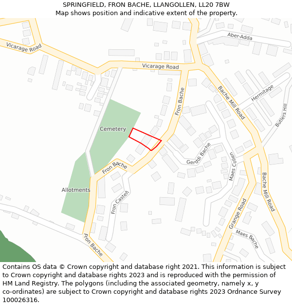 SPRINGFIELD, FRON BACHE, LLANGOLLEN, LL20 7BW: Location map and indicative extent of plot