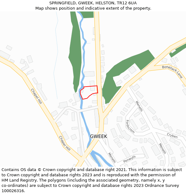 SPRINGFIELD, GWEEK, HELSTON, TR12 6UA: Location map and indicative extent of plot