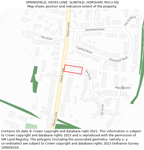 SPRINGFIELD, HAYES LANE, SLINFOLD, HORSHAM, RH13 0SJ: Location map and indicative extent of plot