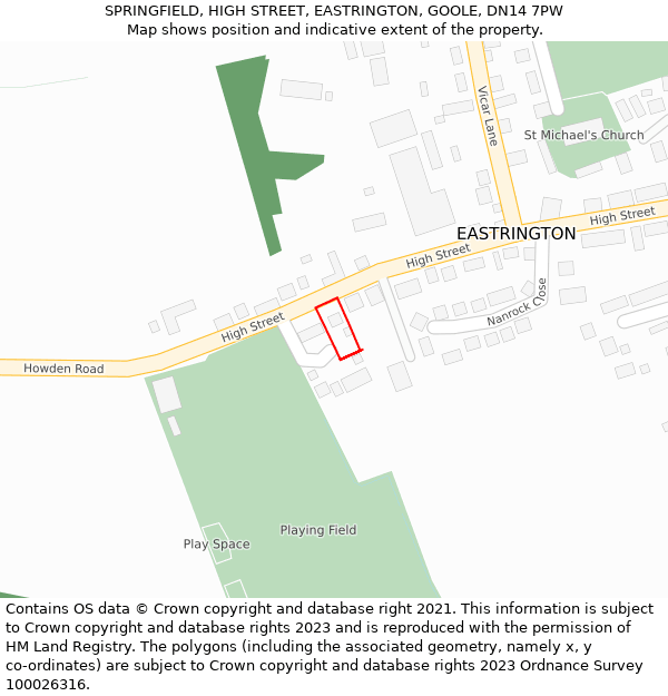 SPRINGFIELD, HIGH STREET, EASTRINGTON, GOOLE, DN14 7PW: Location map and indicative extent of plot