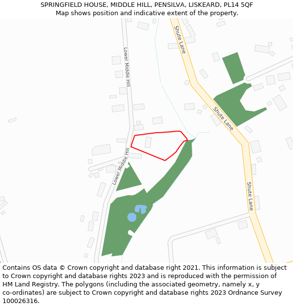 SPRINGFIELD HOUSE, MIDDLE HILL, PENSILVA, LISKEARD, PL14 5QF: Location map and indicative extent of plot