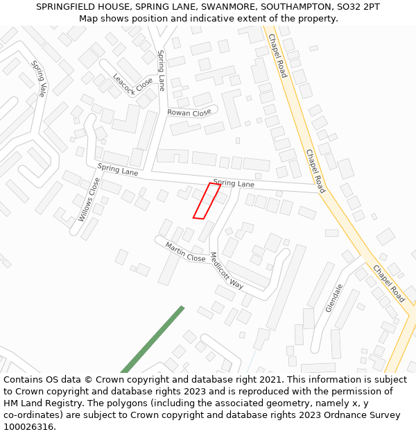 SPRINGFIELD HOUSE, SPRING LANE, SWANMORE, SOUTHAMPTON, SO32 2PT: Location map and indicative extent of plot