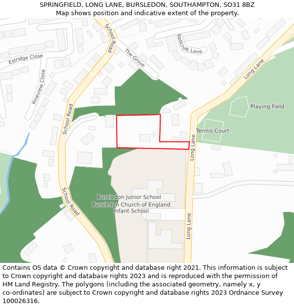 SPRINGFIELD, LONG LANE, BURSLEDON, SOUTHAMPTON, SO31 8BZ: Location map and indicative extent of plot