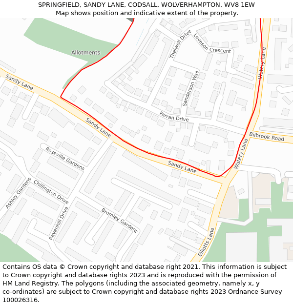 SPRINGFIELD, SANDY LANE, CODSALL, WOLVERHAMPTON, WV8 1EW: Location map and indicative extent of plot