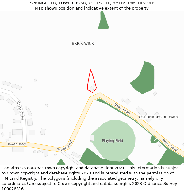 SPRINGFIELD, TOWER ROAD, COLESHILL, AMERSHAM, HP7 0LB: Location map and indicative extent of plot