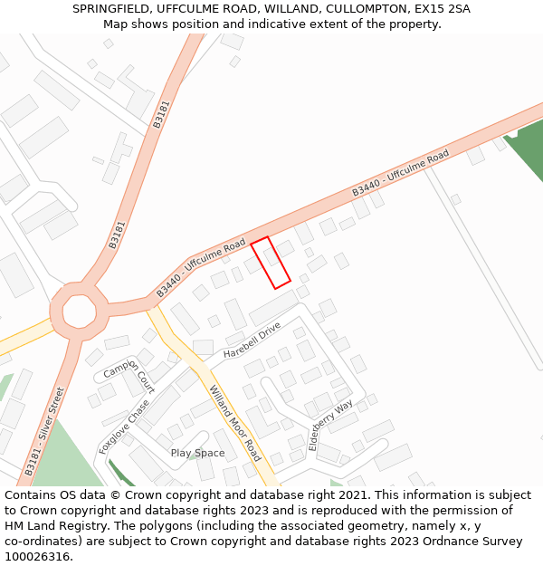 SPRINGFIELD, UFFCULME ROAD, WILLAND, CULLOMPTON, EX15 2SA: Location map and indicative extent of plot