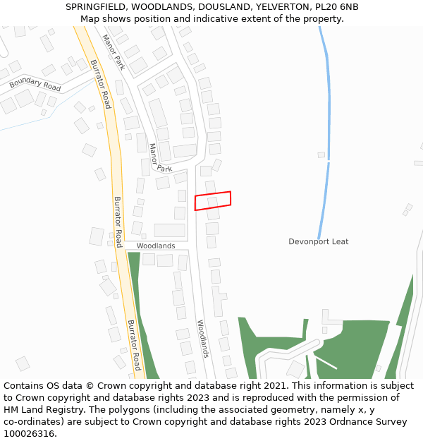 SPRINGFIELD, WOODLANDS, DOUSLAND, YELVERTON, PL20 6NB: Location map and indicative extent of plot