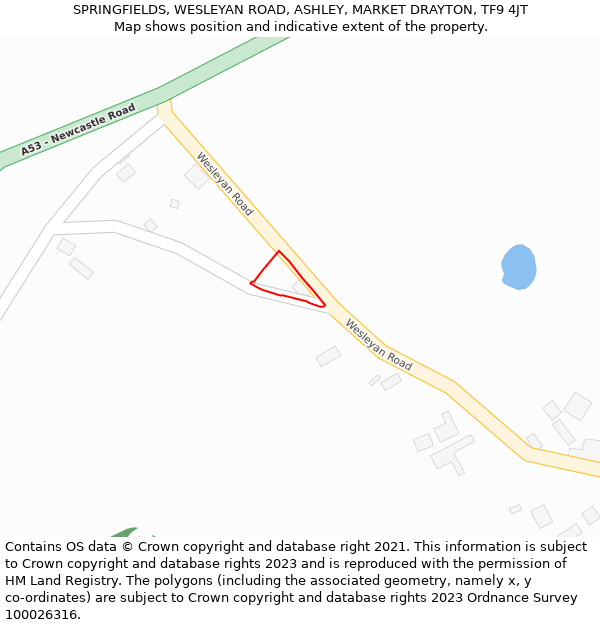 SPRINGFIELDS, WESLEYAN ROAD, ASHLEY, MARKET DRAYTON, TF9 4JT: Location map and indicative extent of plot