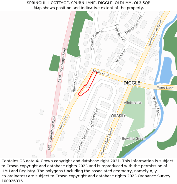 SPRINGHILL COTTAGE, SPURN LANE, DIGGLE, OLDHAM, OL3 5QP: Location map and indicative extent of plot