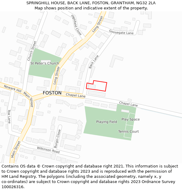 SPRINGHILL HOUSE, BACK LANE, FOSTON, GRANTHAM, NG32 2LA: Location map and indicative extent of plot