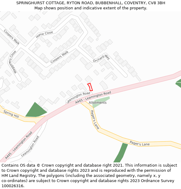 SPRINGHURST COTTAGE, RYTON ROAD, BUBBENHALL, COVENTRY, CV8 3BH: Location map and indicative extent of plot