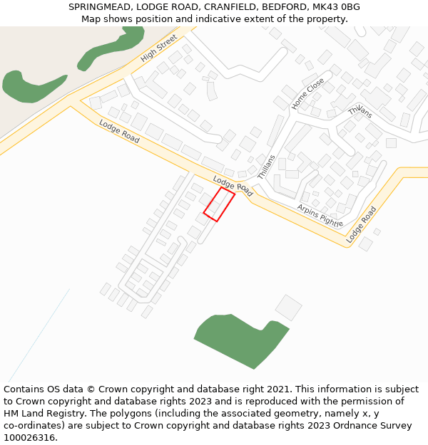 SPRINGMEAD, LODGE ROAD, CRANFIELD, BEDFORD, MK43 0BG: Location map and indicative extent of plot