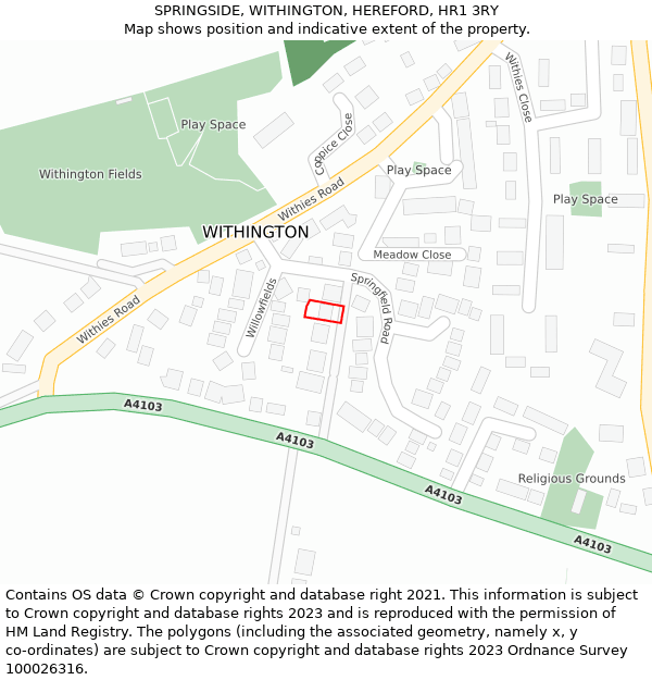 SPRINGSIDE, WITHINGTON, HEREFORD, HR1 3RY: Location map and indicative extent of plot