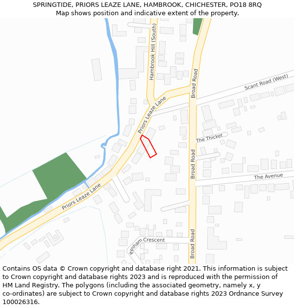 SPRINGTIDE, PRIORS LEAZE LANE, HAMBROOK, CHICHESTER, PO18 8RQ: Location map and indicative extent of plot