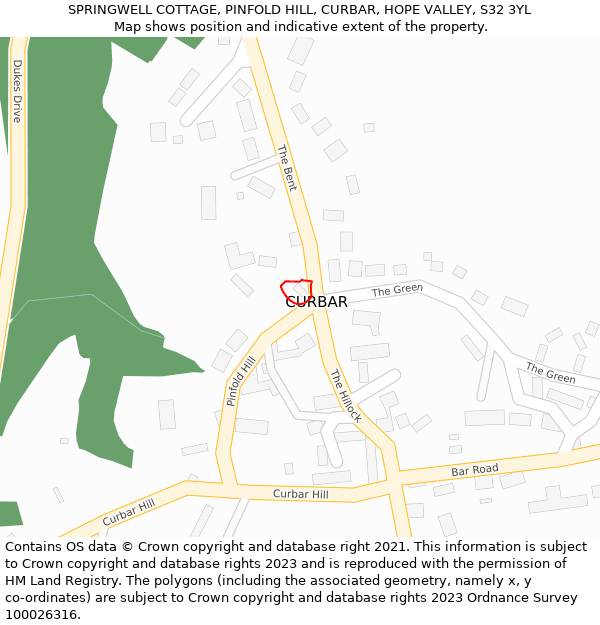 SPRINGWELL COTTAGE, PINFOLD HILL, CURBAR, HOPE VALLEY, S32 3YL: Location map and indicative extent of plot