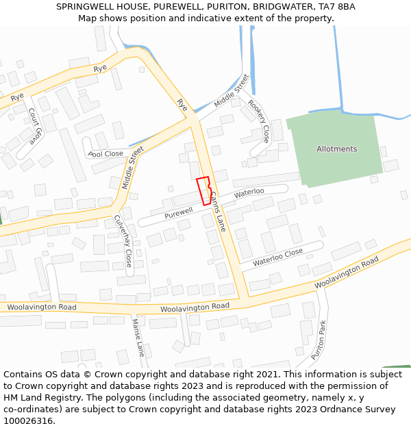 SPRINGWELL HOUSE, PUREWELL, PURITON, BRIDGWATER, TA7 8BA: Location map and indicative extent of plot
