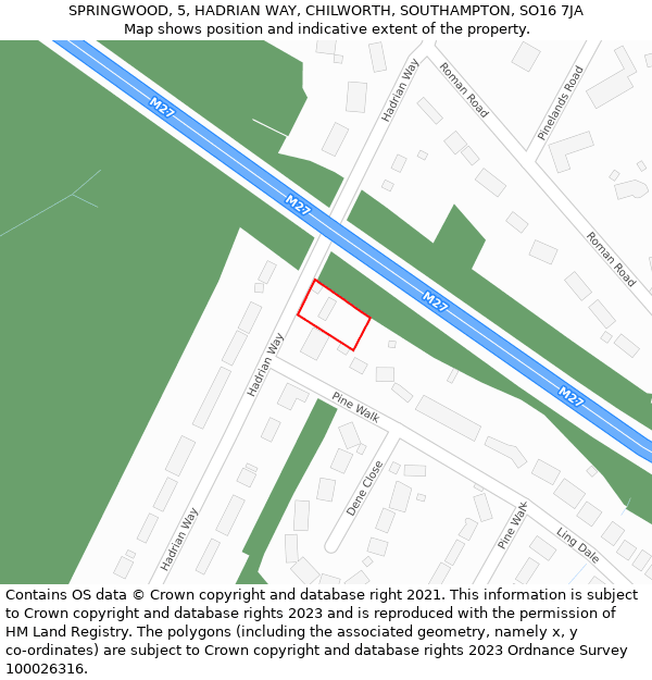 SPRINGWOOD, 5, HADRIAN WAY, CHILWORTH, SOUTHAMPTON, SO16 7JA: Location map and indicative extent of plot