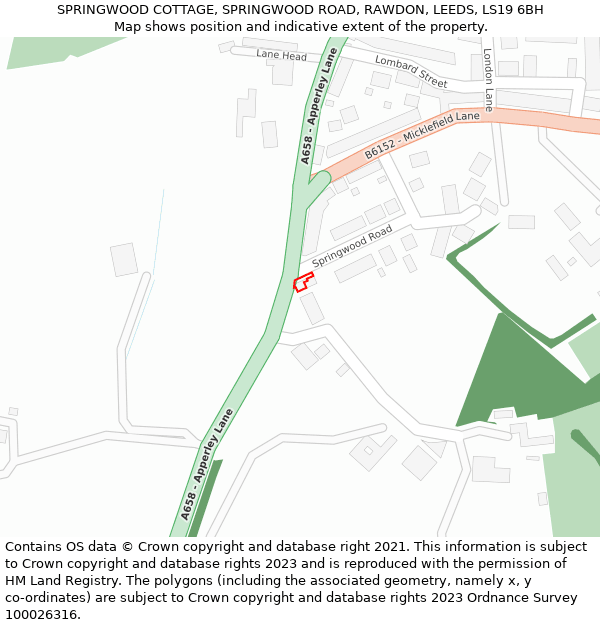 SPRINGWOOD COTTAGE, SPRINGWOOD ROAD, RAWDON, LEEDS, LS19 6BH: Location map and indicative extent of plot