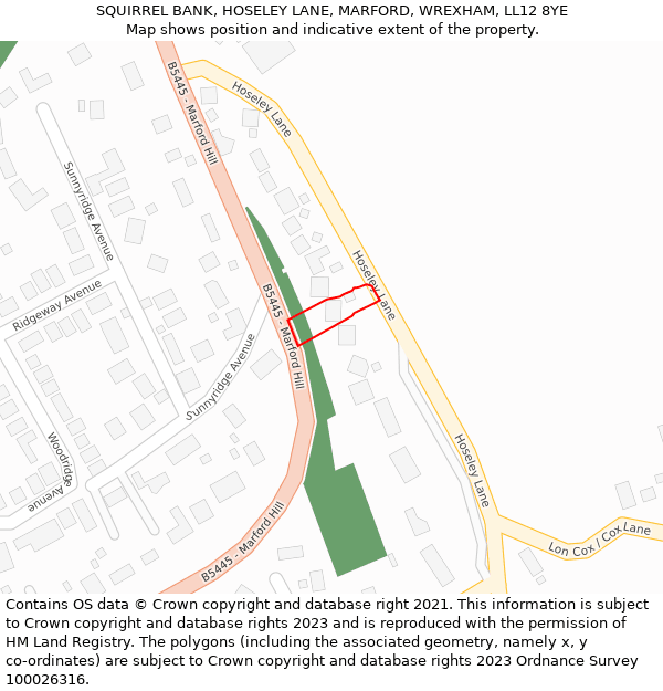 SQUIRREL BANK, HOSELEY LANE, MARFORD, WREXHAM, LL12 8YE: Location map and indicative extent of plot