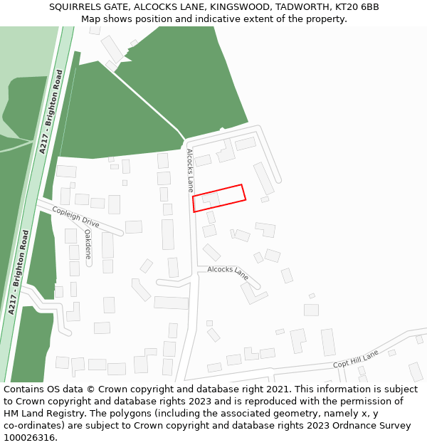 SQUIRRELS GATE, ALCOCKS LANE, KINGSWOOD, TADWORTH, KT20 6BB: Location map and indicative extent of plot