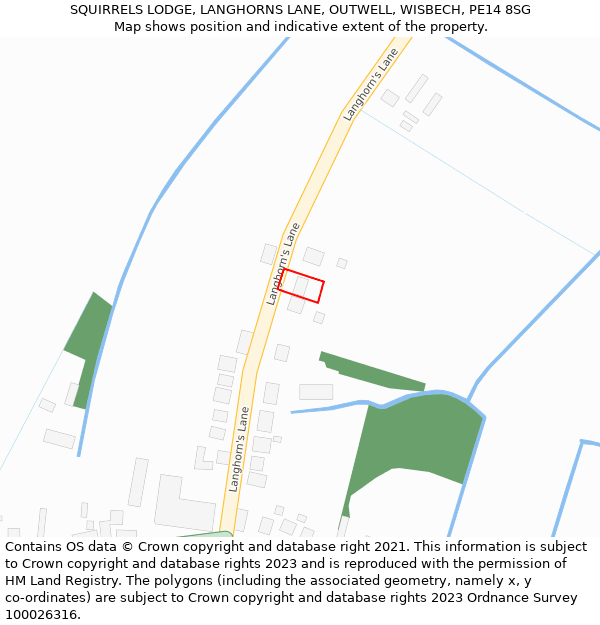 SQUIRRELS LODGE, LANGHORNS LANE, OUTWELL, WISBECH, PE14 8SG: Location map and indicative extent of plot