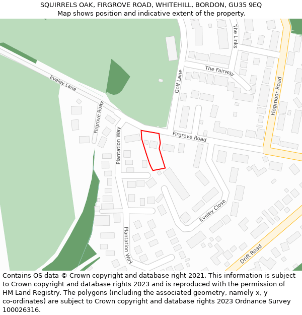 SQUIRRELS OAK, FIRGROVE ROAD, WHITEHILL, BORDON, GU35 9EQ: Location map and indicative extent of plot