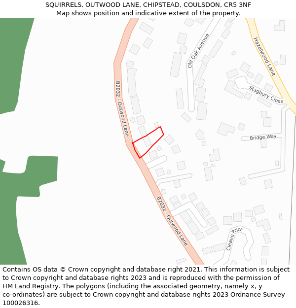 SQUIRRELS, OUTWOOD LANE, CHIPSTEAD, COULSDON, CR5 3NF: Location map and indicative extent of plot