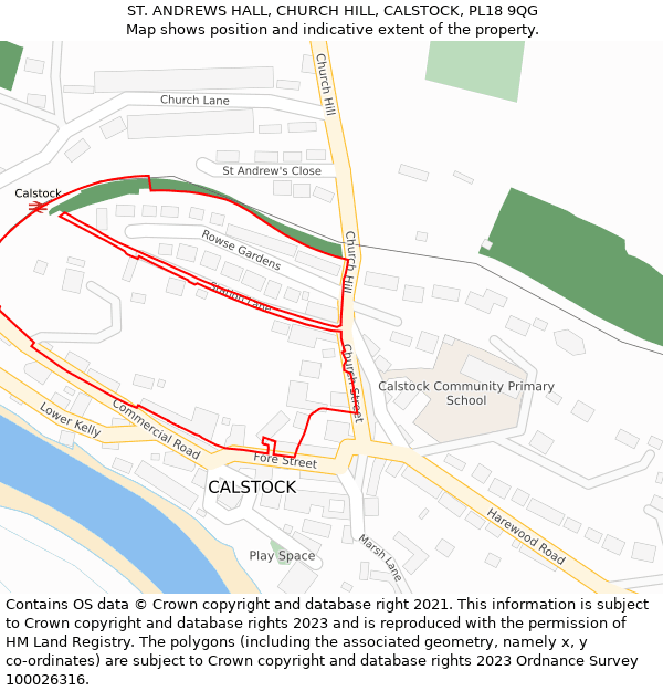 ST. ANDREWS HALL, CHURCH HILL, CALSTOCK, PL18 9QG: Location map and indicative extent of plot