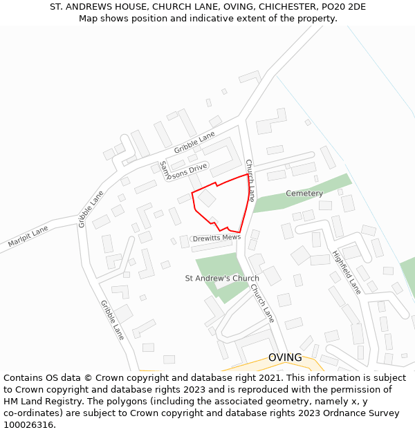 ST. ANDREWS HOUSE, CHURCH LANE, OVING, CHICHESTER, PO20 2DE: Location map and indicative extent of plot